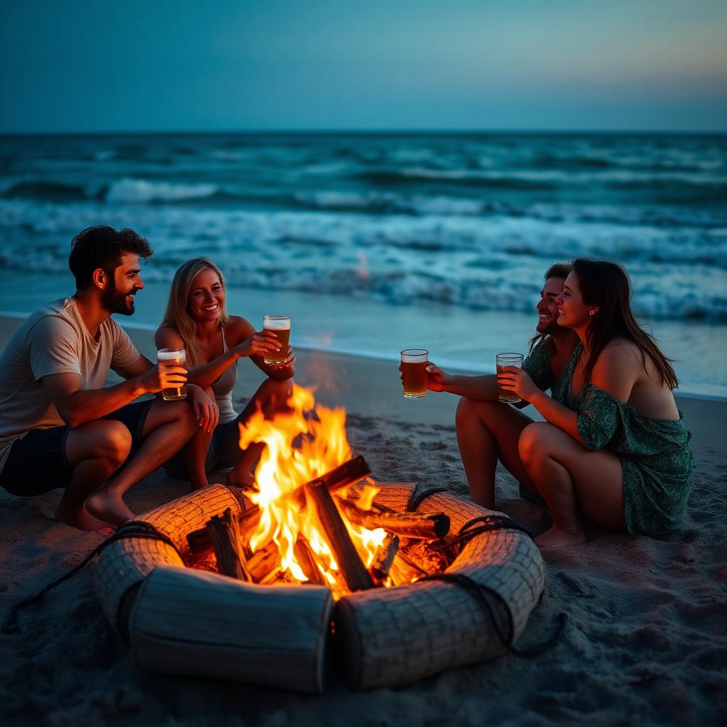Non-alcoholic beer guide, friends enjoying craft NA beers at a San Diego beach bonfire